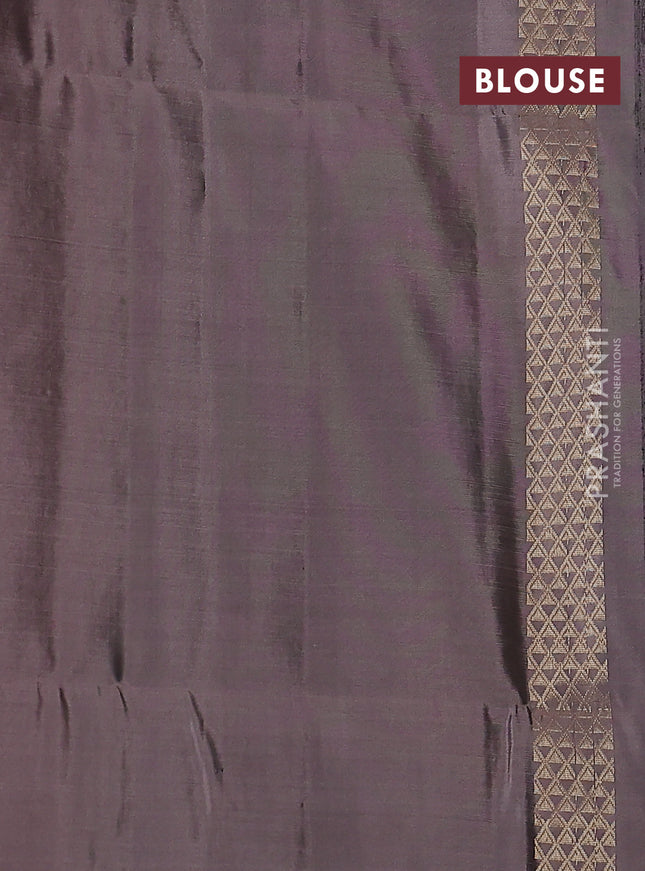 Kanchipuram soft silk saree peacock green and pastel brown with zari buttas & jute finish in borderless style