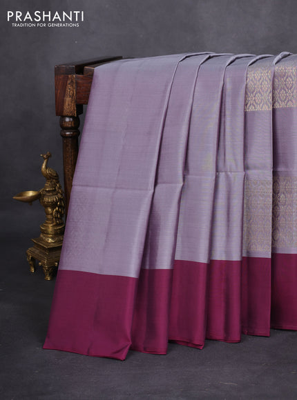Kanchipuram soft silk saree grey and wine shade with zari woven geometric buttas and zari woven butta border