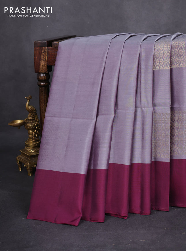 Kanchipuram soft silk saree grey and wine shade with zari woven geometric buttas and zari woven butta border