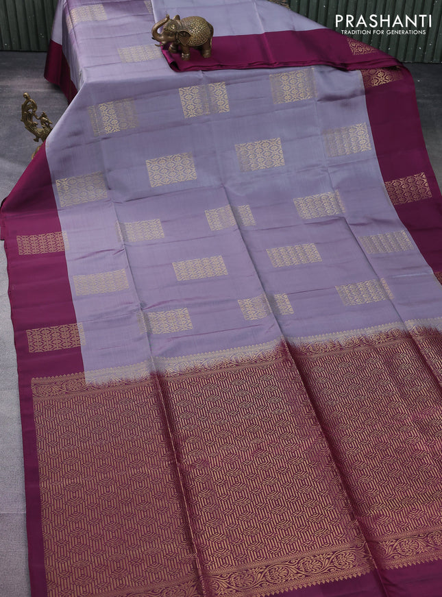 Kanchipuram soft silk saree grey and wine shade with zari woven geometric buttas and zari woven butta border