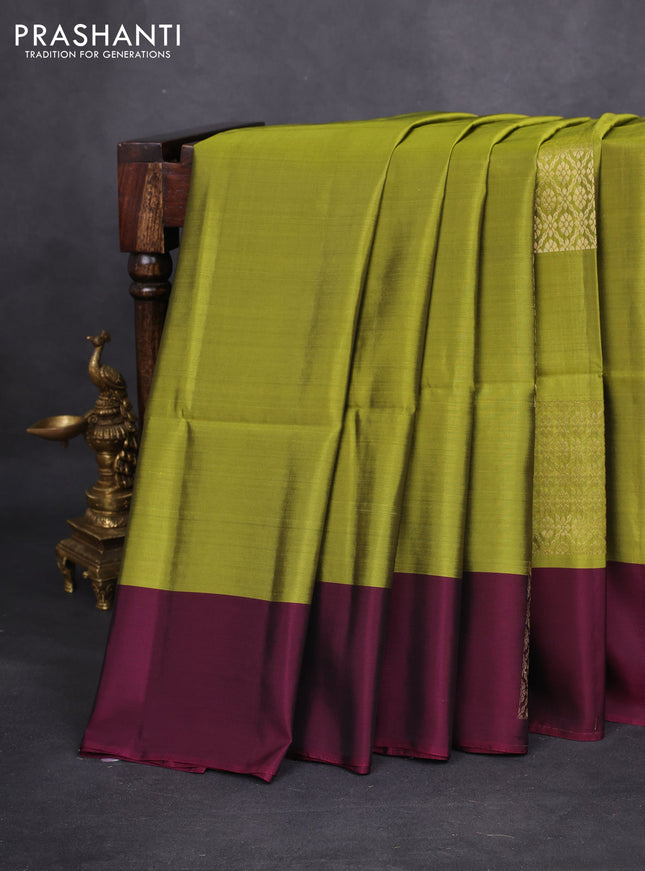 Kanchipuram soft silk saree mehendi green and dark magenta pink with zari woven geometric buttas and zari woven butta border