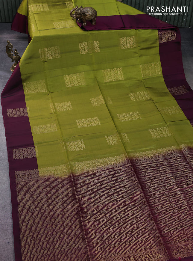 Kanchipuram soft silk saree mehendi green and dark magenta pink with zari woven geometric buttas and zari woven butta border