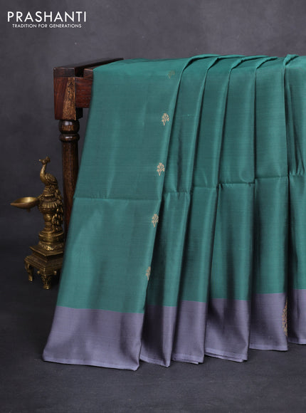 Kanchipuram soft silk saree teal green shade and grey with zari woven buttas and zari woven butta border