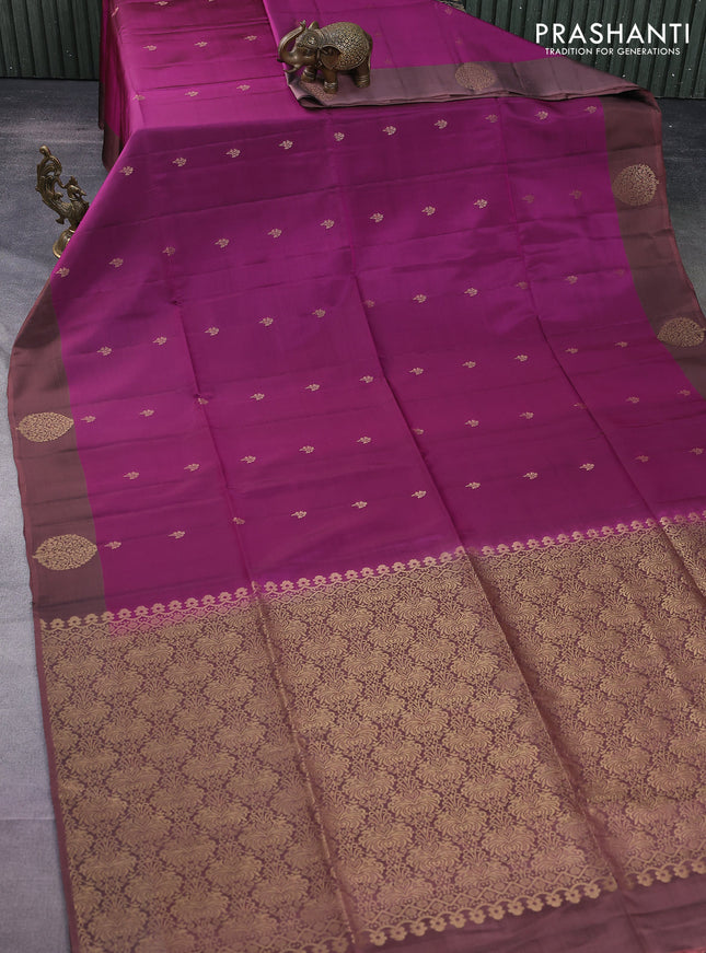 Kanchipuram soft silk saree purple and brown shade with zari woven buttas and zari woven butta border