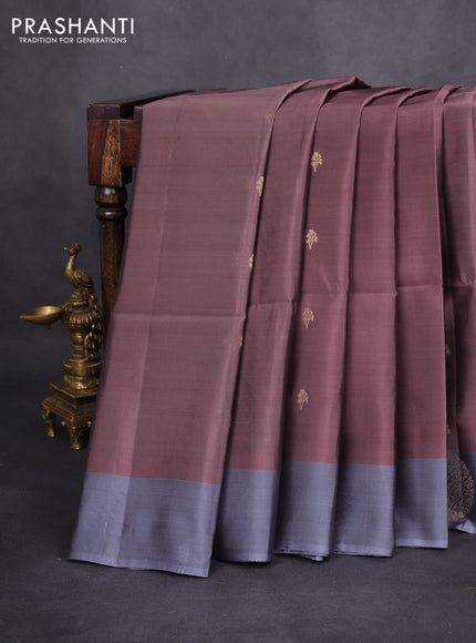 Kanchipuram soft silk saree pastel brown and grey with zari woven buttas and zari woven butta border