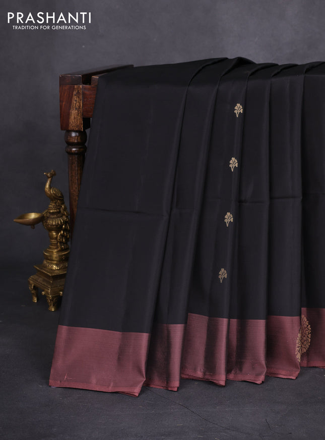 Kanchipuram soft silk saree black and pastel peach shade with zari woven buttas and zari woven butta border