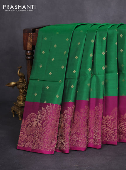 Kanchipuram soft silk saree green and magenta pink with allover zari woven buttas and rich zari woven border