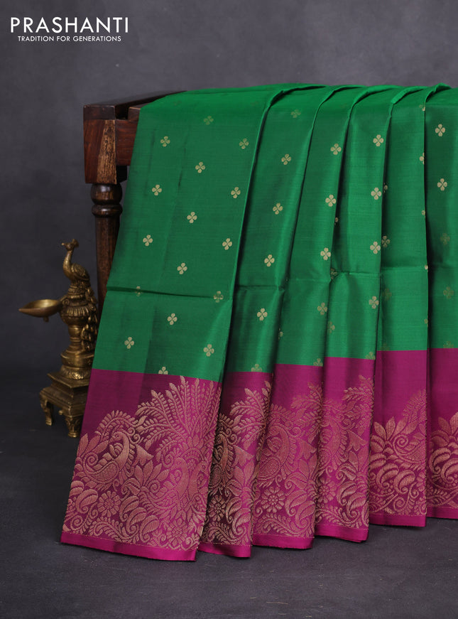 Kanchipuram soft silk saree green and magenta pink with allover zari woven buttas and rich zari woven border