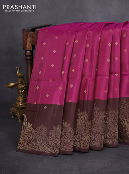 Kanchipuram soft silk saree dark magenta pink and coffee brown with allover zari woven buttas and rich zari woven border