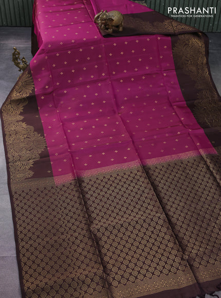 Kanchipuram soft silk saree dark magenta pink and coffee brown with allover zari woven buttas and rich zari woven border