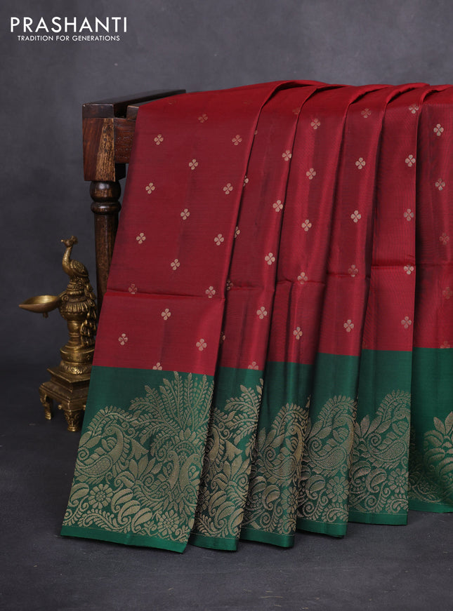 Kanchipuram soft silk saree maroon and green with allover zari woven buttas and rich zari woven border