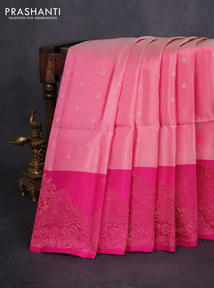 Kanchipuram soft silk saree peach pink and pink with allover zari woven buttas and rich zari woven border