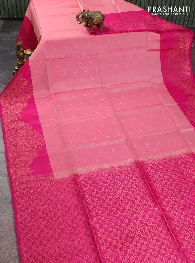 Kanchipuram soft silk saree peach pink and pink with allover zari woven buttas and rich zari woven border