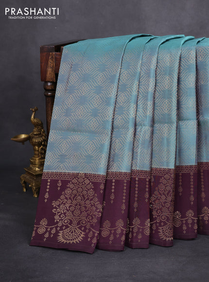 Kanchipuram soft silk saree pastel blue and wine shade with allover zari woven brocade weaves and long rich zari woven border