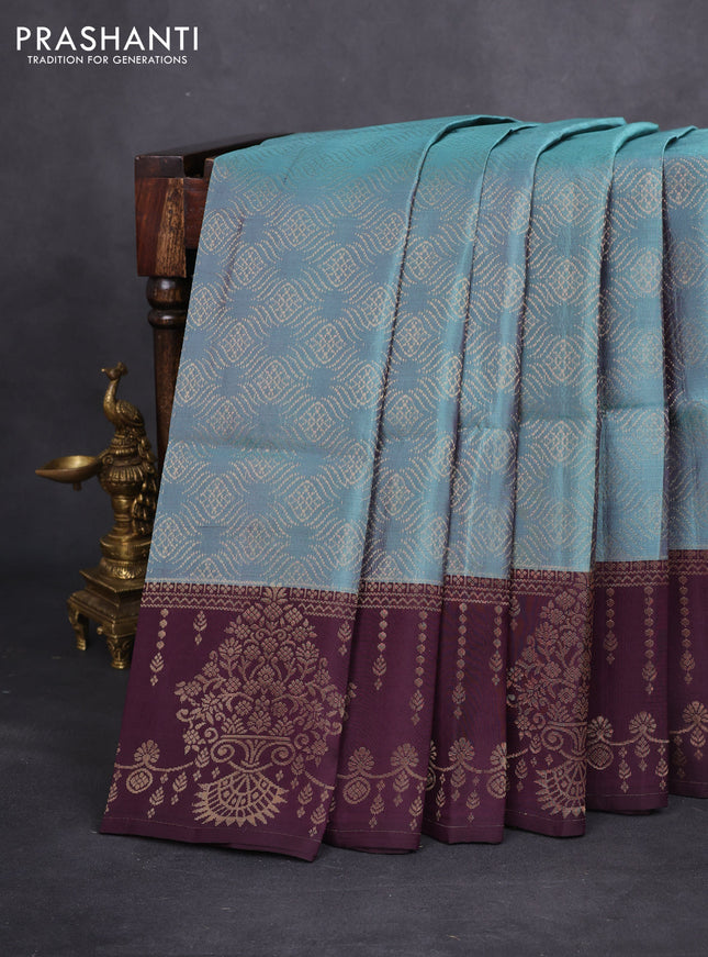 Kanchipuram soft silk saree pastel blue and wine shade with allover zari woven brocade weaves and long rich zari woven border