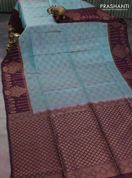 Kanchipuram soft silk saree pastel blue and wine shade with allover zari woven brocade weaves and long rich zari woven border