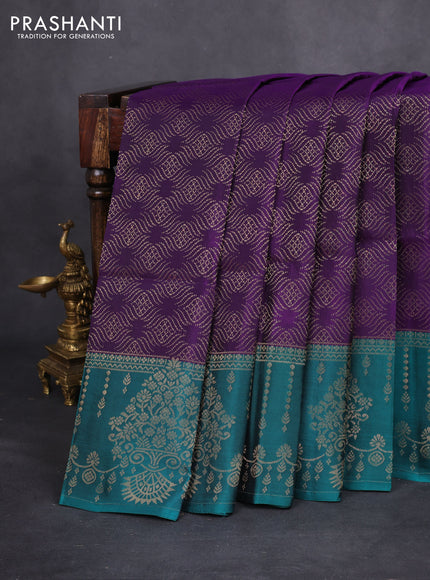 Kanchipuram soft silk saree violet and peacock green with allover zari woven brocade weaves and long rich zari woven border
