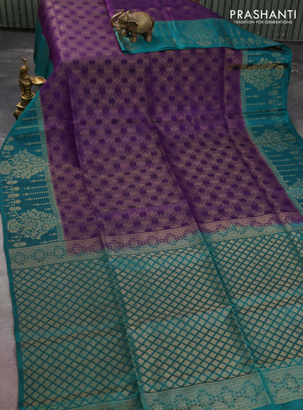 Kanchipuram soft silk saree violet and peacock green with allover zari woven brocade weaves and long rich zari woven border