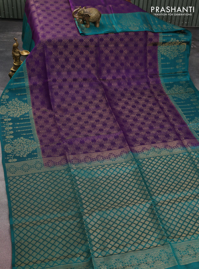 Kanchipuram soft silk saree violet and peacock green with allover zari woven brocade weaves and long rich zari woven border