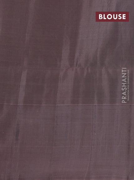 Kanchipuram soft silk saree teal green shade and pastel brown with allover zari stripe pattern and long rich zari woven border