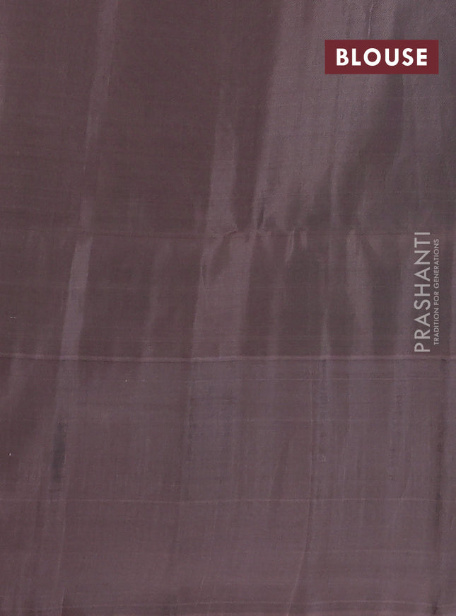 Kanchipuram soft silk saree teal green shade and pastel brown with allover zari stripe pattern and long rich zari woven border