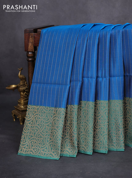 Kanchipuram soft silk saree cs blue and teal green with allover zari stripe pattern and long rich zari woven border