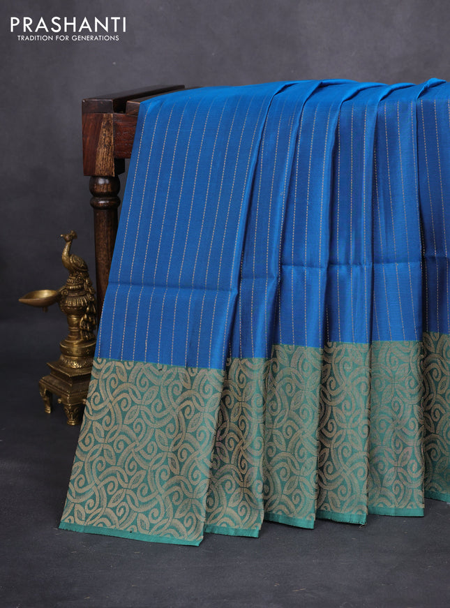 Kanchipuram soft silk saree cs blue and teal green with allover zari stripe pattern and long rich zari woven border