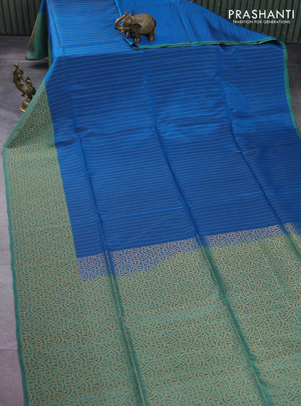 Kanchipuram soft silk saree cs blue and teal green with allover zari stripe pattern and long rich zari woven border