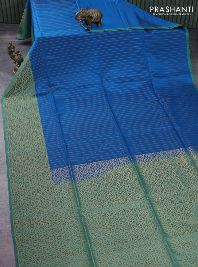 Kanchipuram soft silk saree cs blue and teal green with allover zari stripe pattern and long rich zari woven border