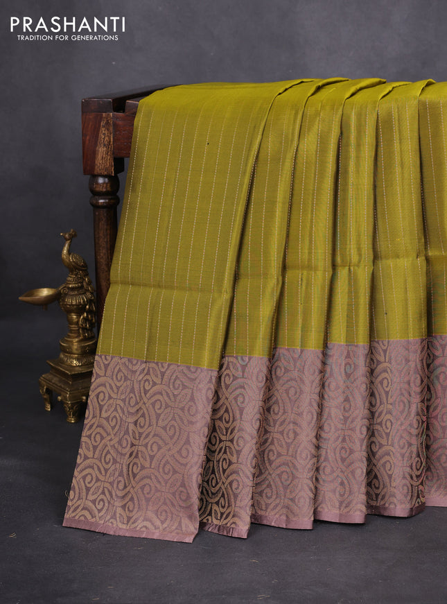 Kanchipuram soft silk saree mehendi green and pastel brown with allover zari stripe pattern and long rich zari woven border