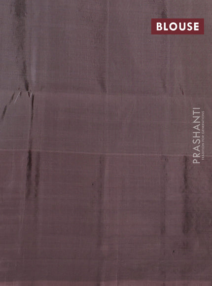 Kanchipuram soft silk saree mehendi green and pastel brown with allover zari stripe pattern and long rich zari woven border