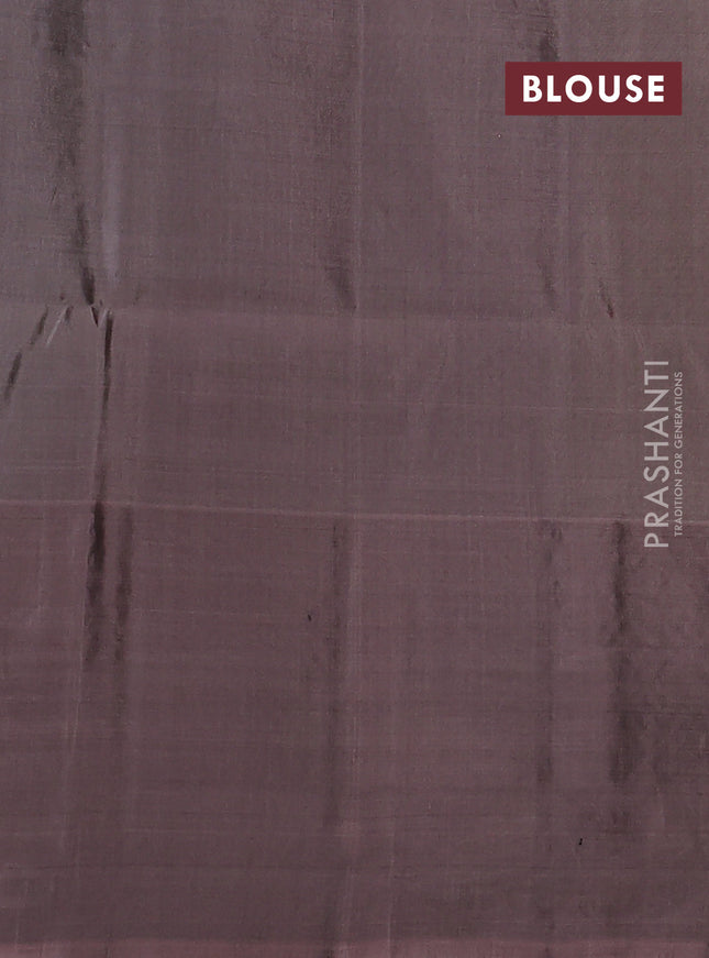 Kanchipuram soft silk saree mehendi green and pastel brown with allover zari stripe pattern and long rich zari woven border