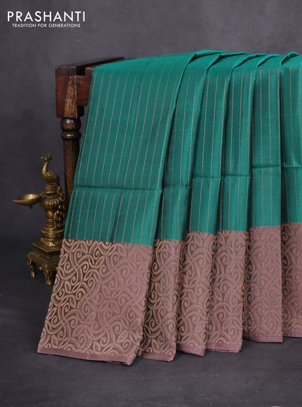 Kanchipuram soft silk saree teal green and pastel brown with allover zari stripe pattern and long rich zari woven border