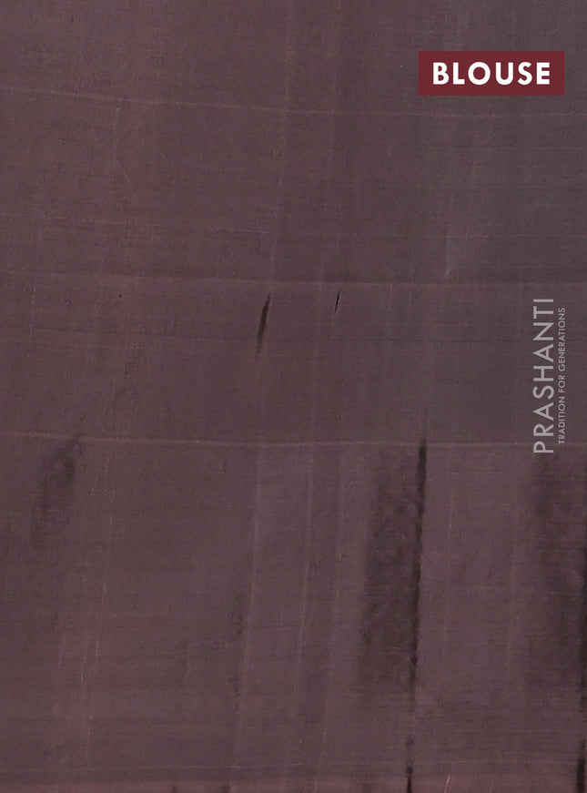 Kanchipuram soft silk saree teal green and pastel brown with allover zari stripe pattern and long rich zari woven border