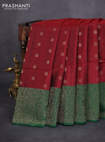 Kanchipuram soft silk saree maroon and green with zari woven geometric buttas and zari woven butta border