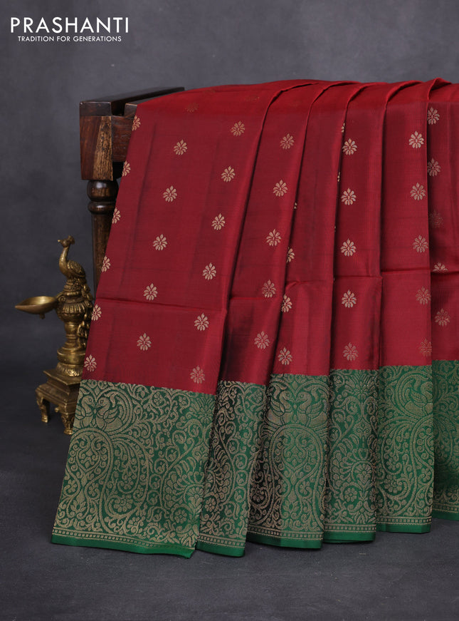 Kanchipuram soft silk saree maroon and green with zari woven geometric buttas and zari woven butta border