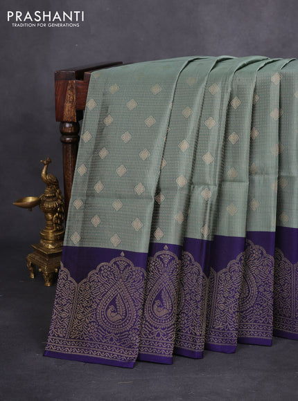 Kanchipuram soft silk saree greyish green and blue with allover zari woven brocdae weaves and rich zari woven border