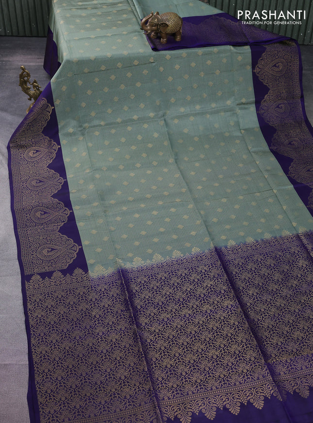 Kanchipuram soft silk saree greyish green and blue with allover zari woven brocdae weaves and rich zari woven border