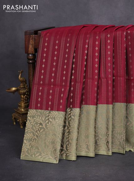 Kanchipuram soft silk saree maroon and pastel green with allover zari weaves and long zari woven border