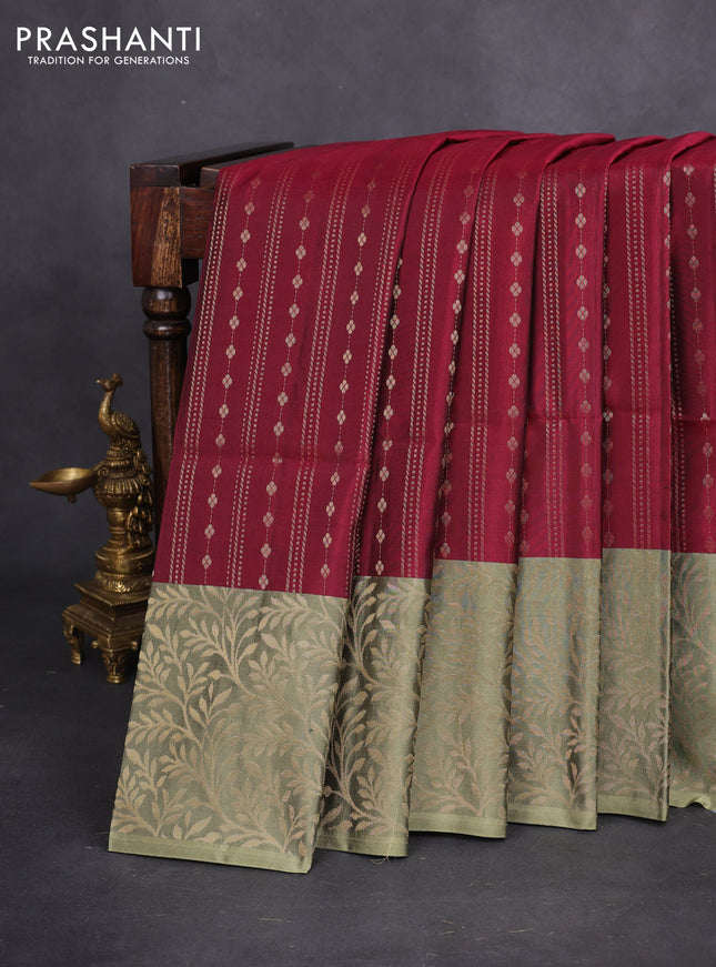Kanchipuram soft silk saree maroon and pastel green with allover zari weaves and long zari woven border