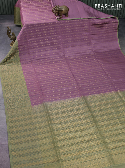 Kanchipuram soft silk saree pastel mauve pink and pastel green with allover zari weaves and long zari woven border