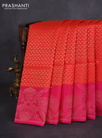 Kanchipuram soft silk saree orange and pink with allover zari woven brocdae weaves and rich zari woven border