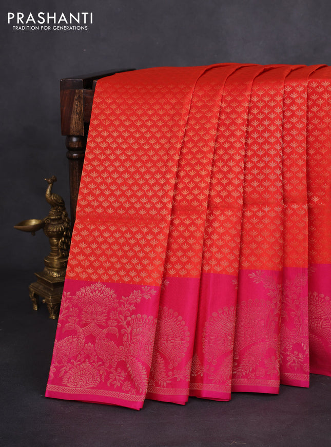Kanchipuram soft silk saree orange and pink with allover zari woven brocdae weaves and rich zari woven border