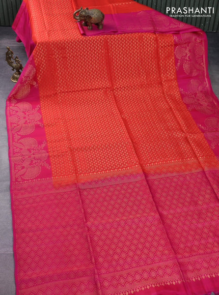 Kanchipuram soft silk saree orange and pink with allover zari woven brocdae weaves and rich zari woven border