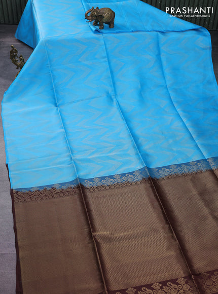 Kanchipuram soft silk saree light blue and coffee brown with allover zig zag zari weaves in borderless style