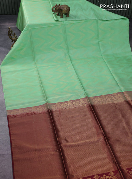 Kanchipuram soft silk saree teal green shade and maroon with allover zig zag zari weaves in borderless style