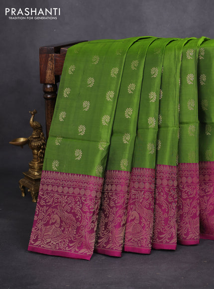 Kanchipuram soft silk saree mehendi green and purple with allover zari woven buttas and long zari woven border