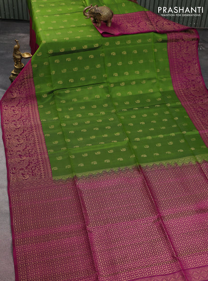 Kanchipuram soft silk saree mehendi green and purple with allover zari woven buttas and long zari woven border