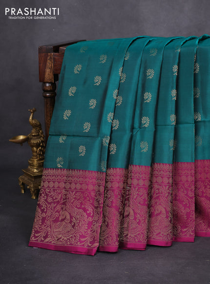 Kanchipuram soft silk saree peacock green and dark magenta pink with allover zari woven buttas and long zari woven border