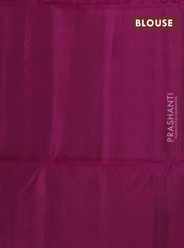 Kanchipuram soft silk saree peacock green and dark magenta pink with allover zari woven buttas and long zari woven border